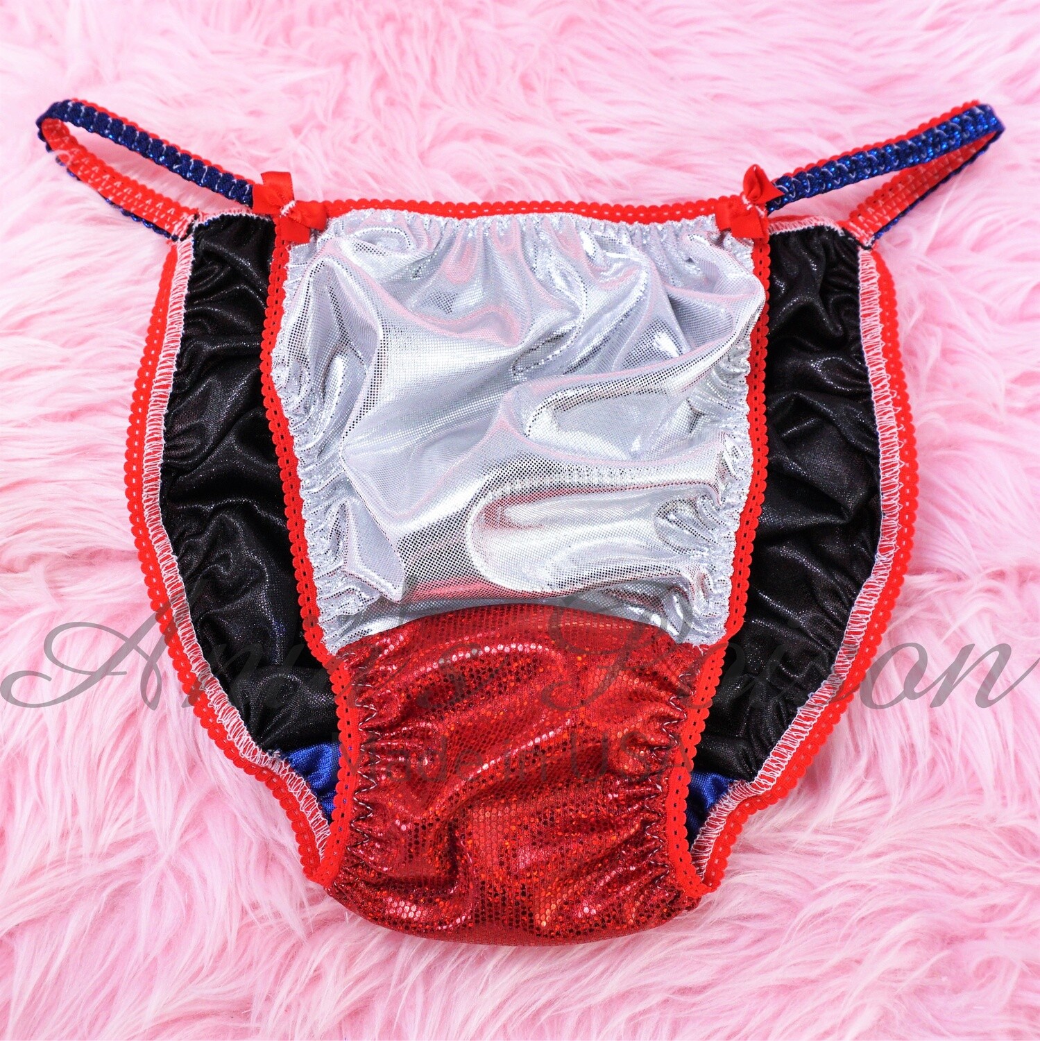 Anias Poison metallic shiny FOIL wetlook string bikini sissy mens Dancer panties July 4th Red white and Blue S-XXL