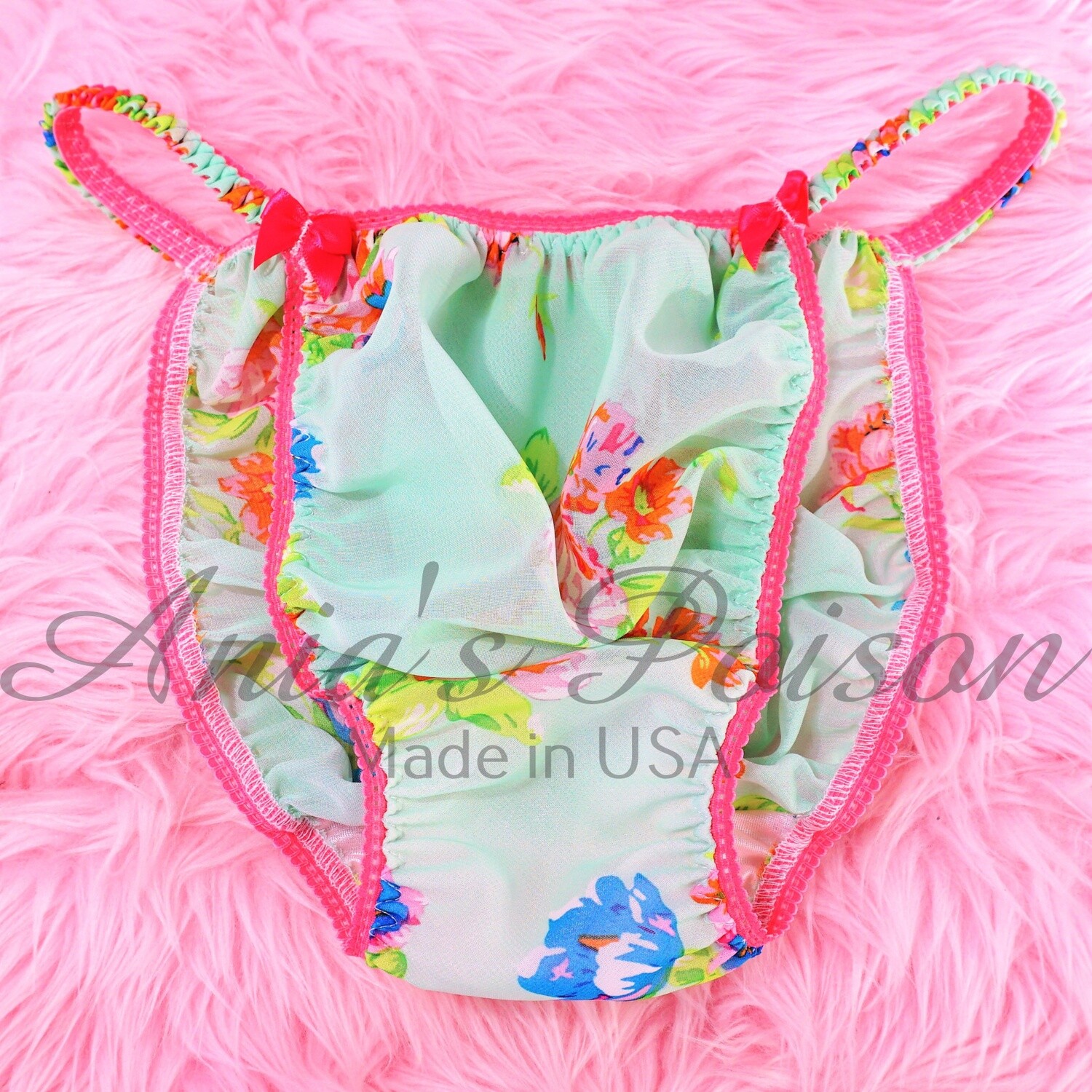 Ania's Poison sissy Sheer CHIFFON panties Summer Floral green pink Men's string bikini panties and bra and skirt S-2XL
