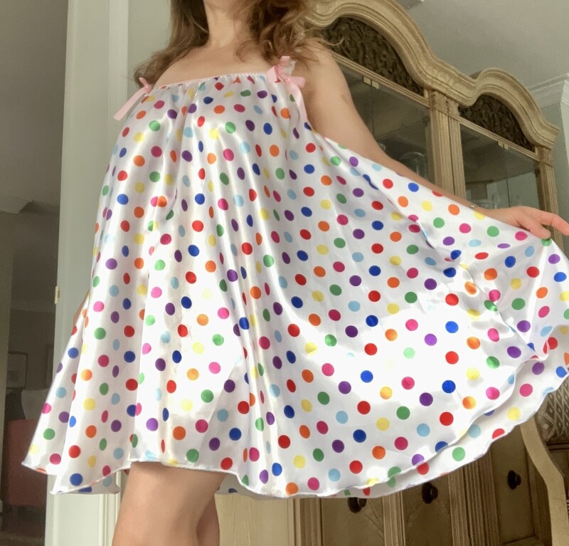 Ania's Poison Vintage style Silky Satin Rainbow Polka Dot Smooth and Shiny nightgown Lacy straps Nightie Peignoir OS L XL