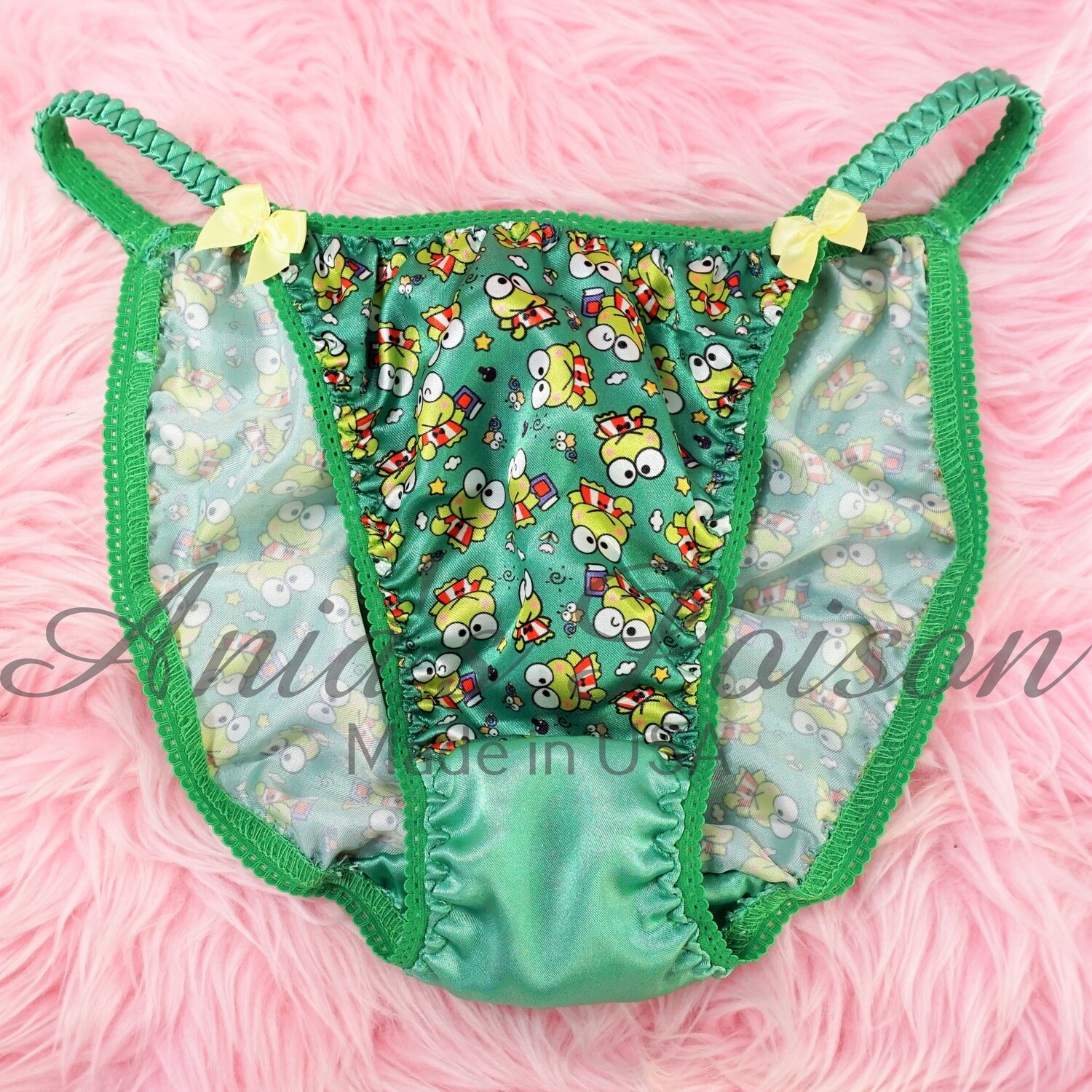 Satin panties LADIES CUT - Lace Duchess Classic 80's cut Little Frog 90s style Green Kawaii Character String Bikini panties 5-9!