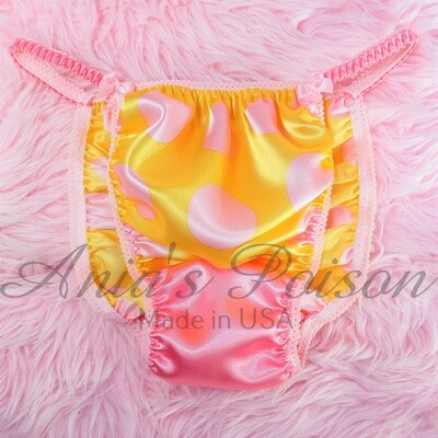 Satin Panties - Ania's Poison Cut sissy MENS SATIN Polka Dot Pastel Yellow Pink Shiny Silky wet look Mens string Bikini panties S- XXL