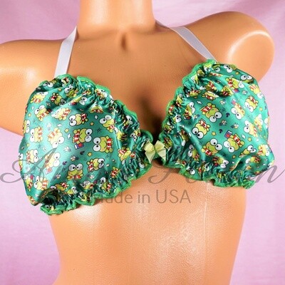 Green Kawaii Frog Print Ruffled super shiny SATIN lined tie up halter triangle Unisex OS bra