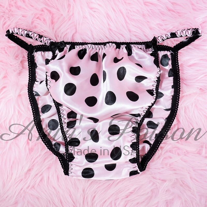 SISSY SATIN PANTIES! Ania's Poison Pink w Black Dots polka Dot - shiny 100% polyester string bikini - mens underwear