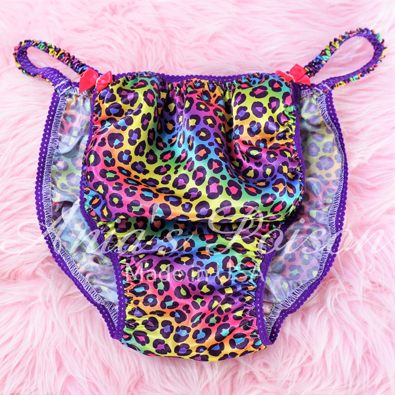Satin Panties Ania's Poison cut RAINBOW Leopard Print Animal 100% polyester string bikini sissy mens underwear