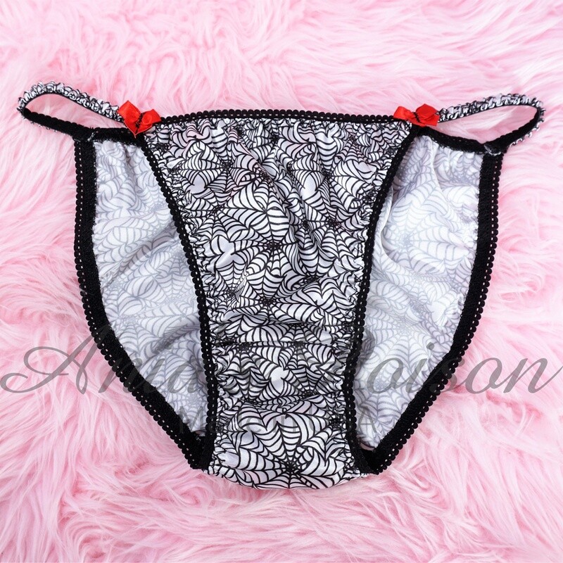 Halloween Lace Duchess Classic 80's cut Black White Spiderweb satin wet look ladies panties sz 5 6 7 8 9