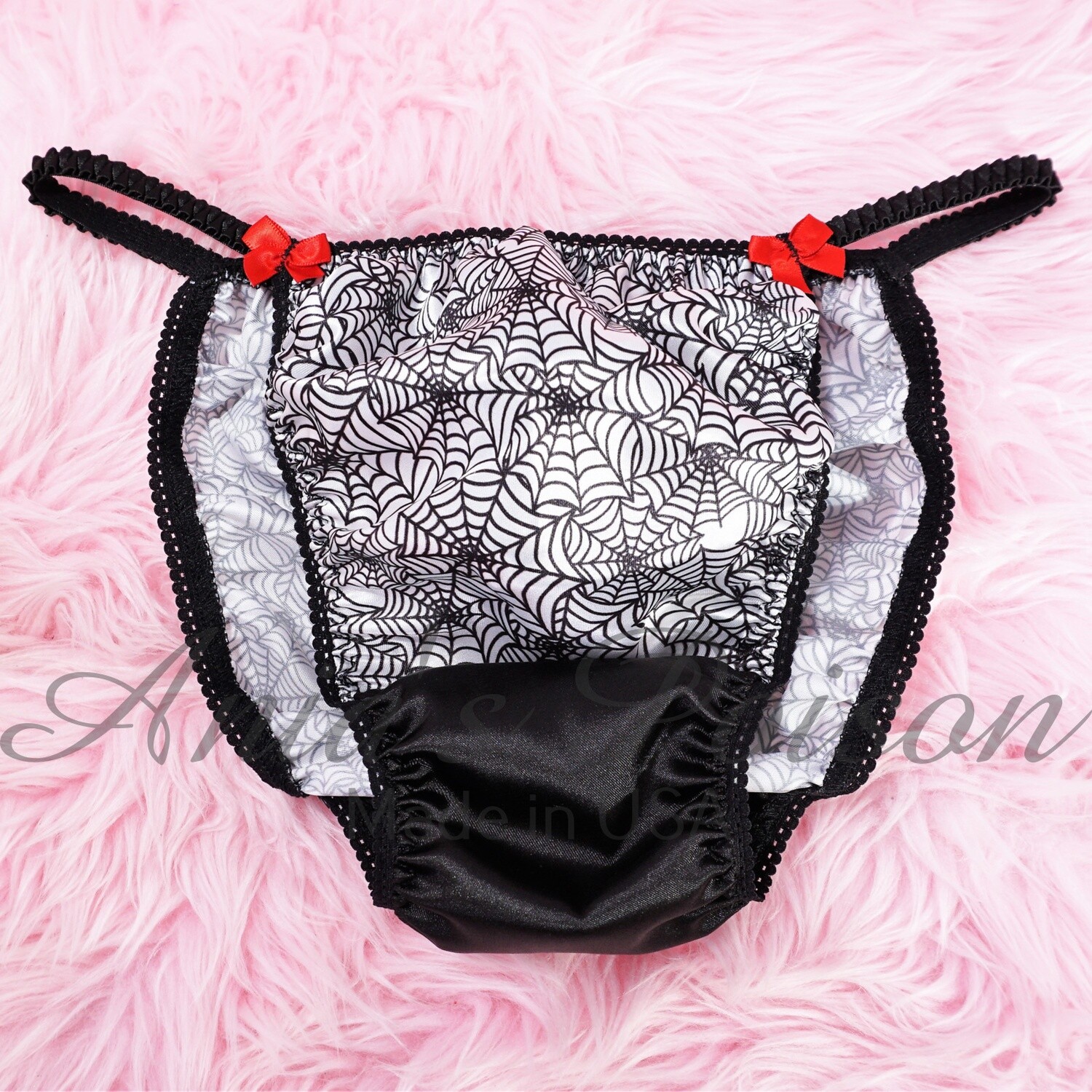 Satin Panties for Men Halloween Print Spiderweb Black and White 100% polyester SATIN string bikini panties Anias poison Cut