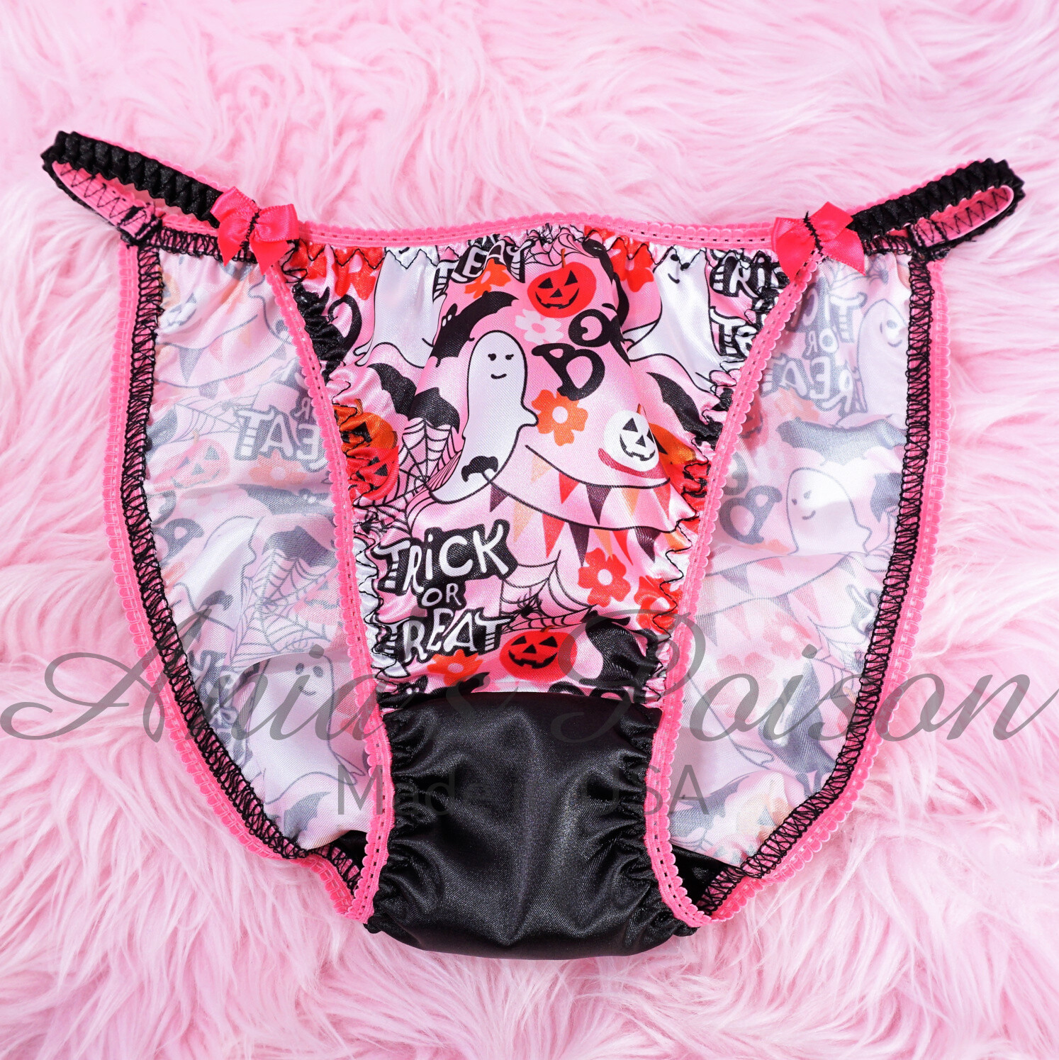 Halloween Lace Duchess Classic 80s Cut Hot Pink And Black Bats Satin Wet Look Ladies Panties Sz 5553