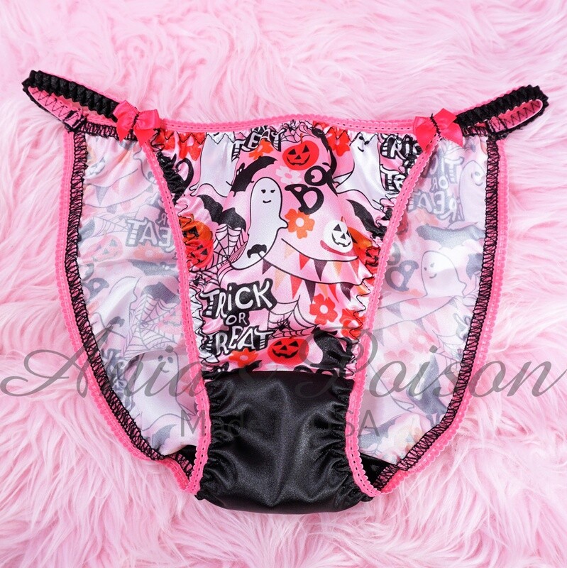 Halloween Lace Duchess Classic 80's cut Hot pink and Black Bats satin wet look ladies panties sz 5 6 7 8 9