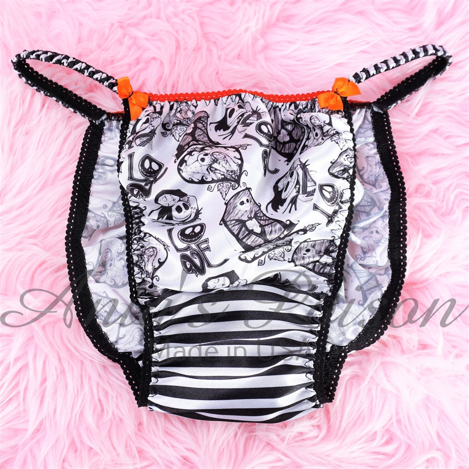 Satin Panties for Men Halloween Print Jack Sally Pin Stripes 100% polyester SATIN string bikini panties Ania's poison Cut BRA SKIRT SET