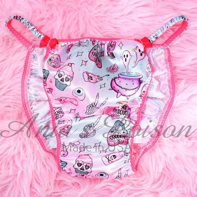 Satin Panties for Men Halloween Print Baby Pink Wicked 100% polyester SATIN string bikini panties Ania's poison Cut BRA SKIRT SET