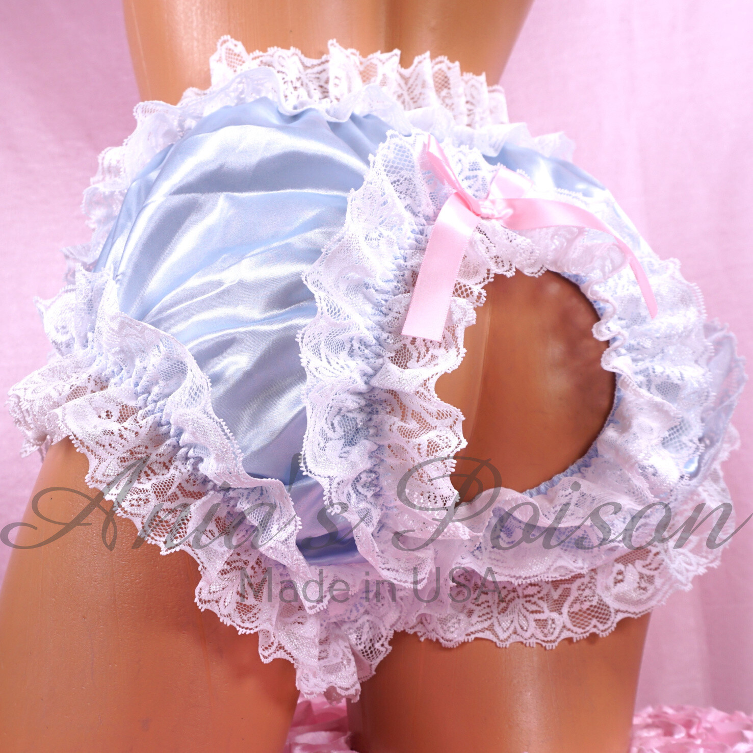 Sissy Spanking Maid satin high cut super frilly open crotch shiny crotchless unisex humiliation lace panties