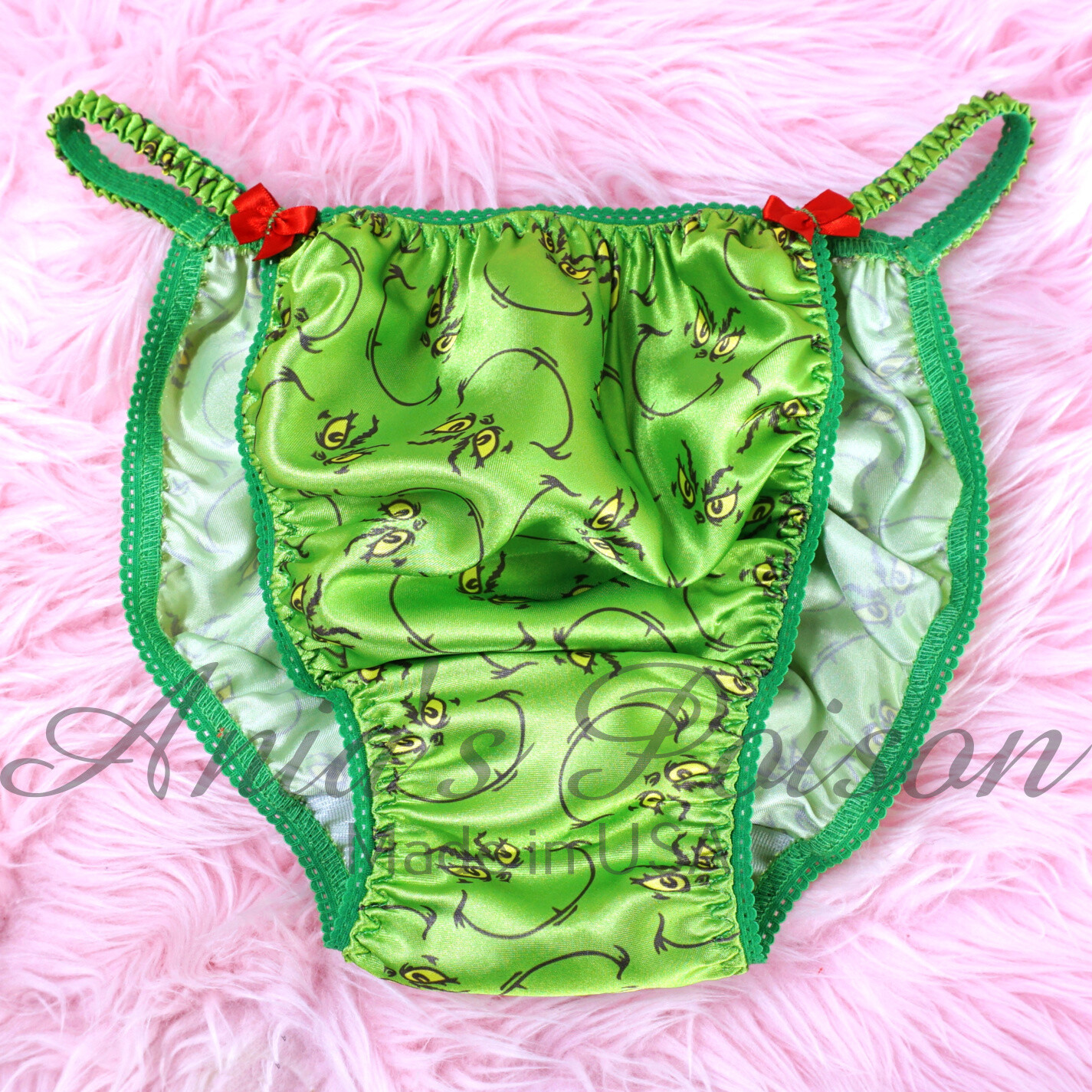 Christmas Ania's Poison sissy MENS SATIN Green Grouch wet look Mens holiday panties sz S-XXL