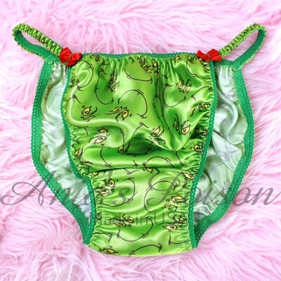 Christmas Ania's Poison sissy MENS SATIN Green Grouch wet look Mens holiday panties sz S-XXL