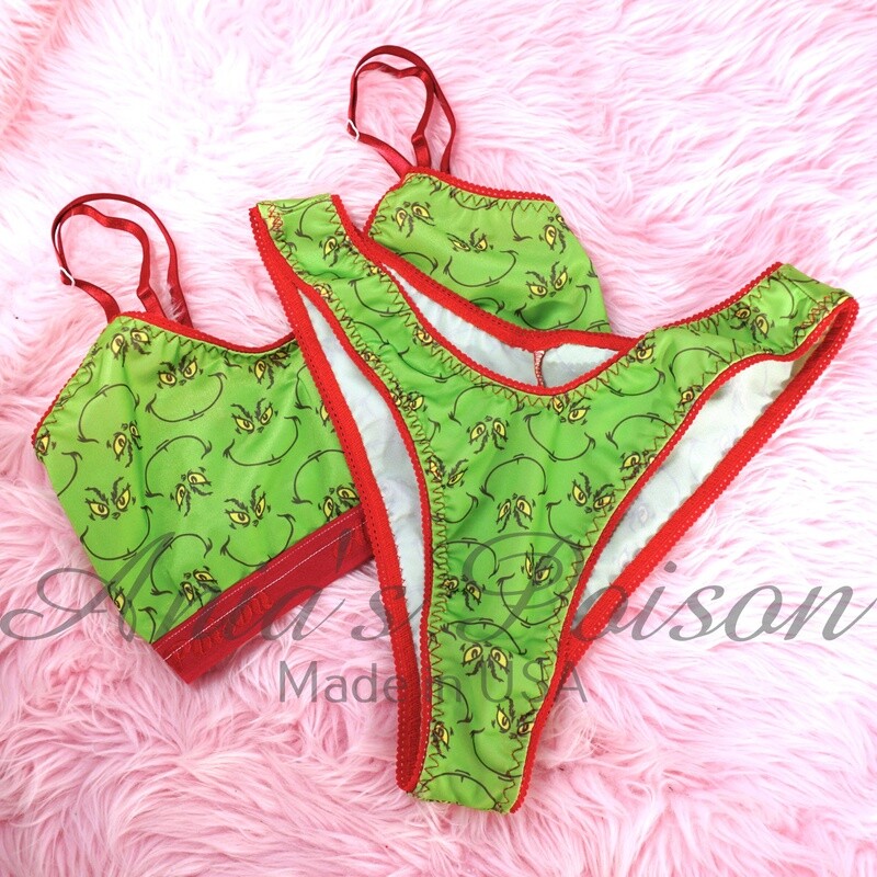 Christmas Panties Set Stretch Spandex HIGHT LEG BUT cut bikini ladies Grouch Green Stretchy panties or BRA! size S/M or L/XL or XXL Christmas Panties Set Stretch Spandex HIGHT LEG BUT cut bikini ladies Grouch Green Stretchy panties or BRA! size S/M or L/XL or XXL