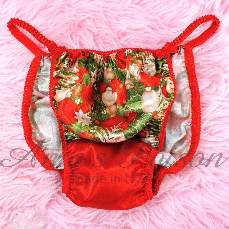 Christmas Ania's Poison sissy MENS SATIN Poinsettia Classic Ornament wet look Mens holiday panties sz S-XXL