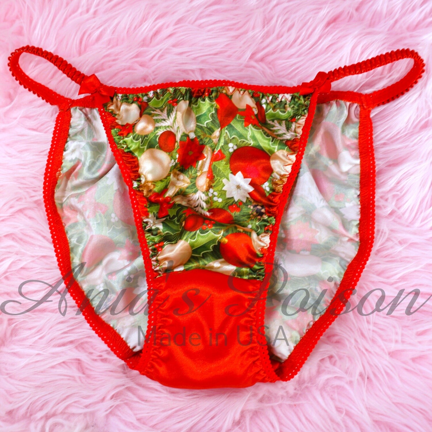 Christmas Lace Duchess sissy panties Red Green Satin Gusset Ornaments