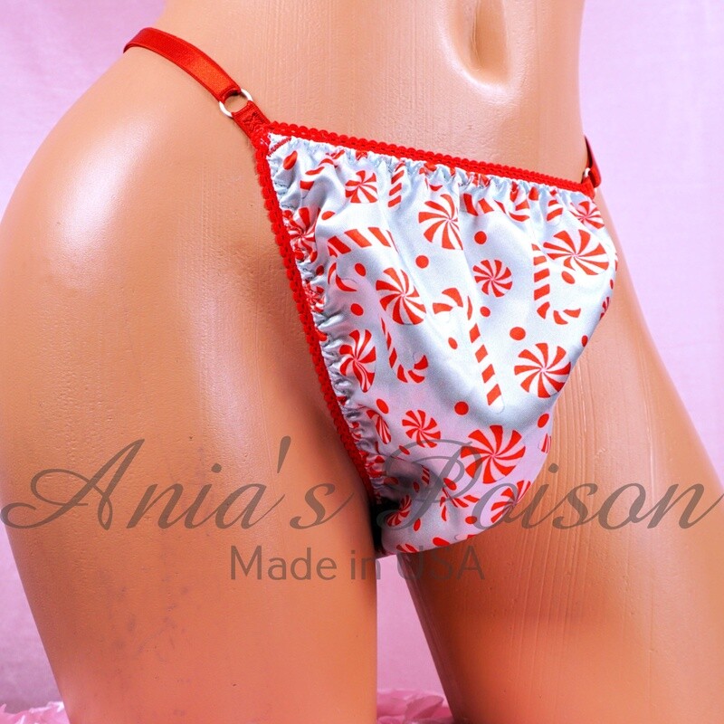Satin Christmas sissy men's soft shiny Triangle T thong candy Canes panties ADJUSTABLE sides underwear panties