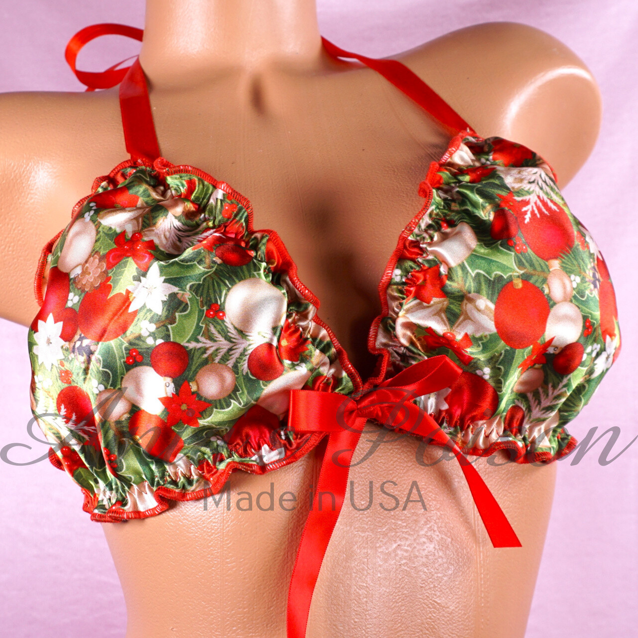 Christmas Ruffled super shiny SATIN lined Christmas Ornaments tie up halter triangle mens OS bra