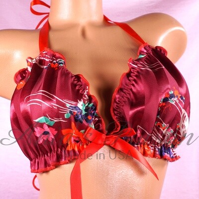 Christmas Ruffled super shiny SATIN lined Christmas Floral tie up halter triangle mens OS bra