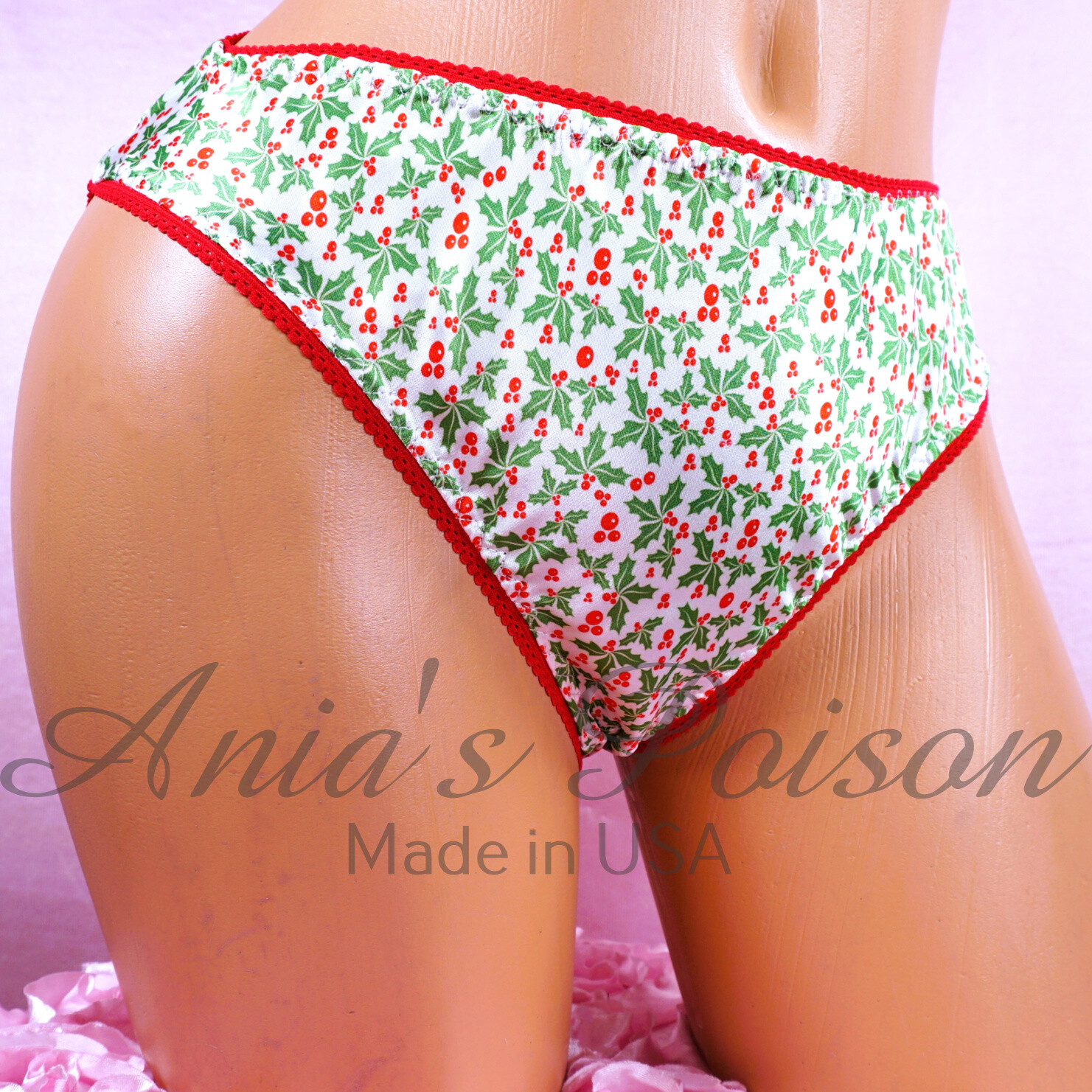 Lace Duchess Classic 80's cut Holly Christmas print New Full CUT All satin wet look ladies panties sz L or XL