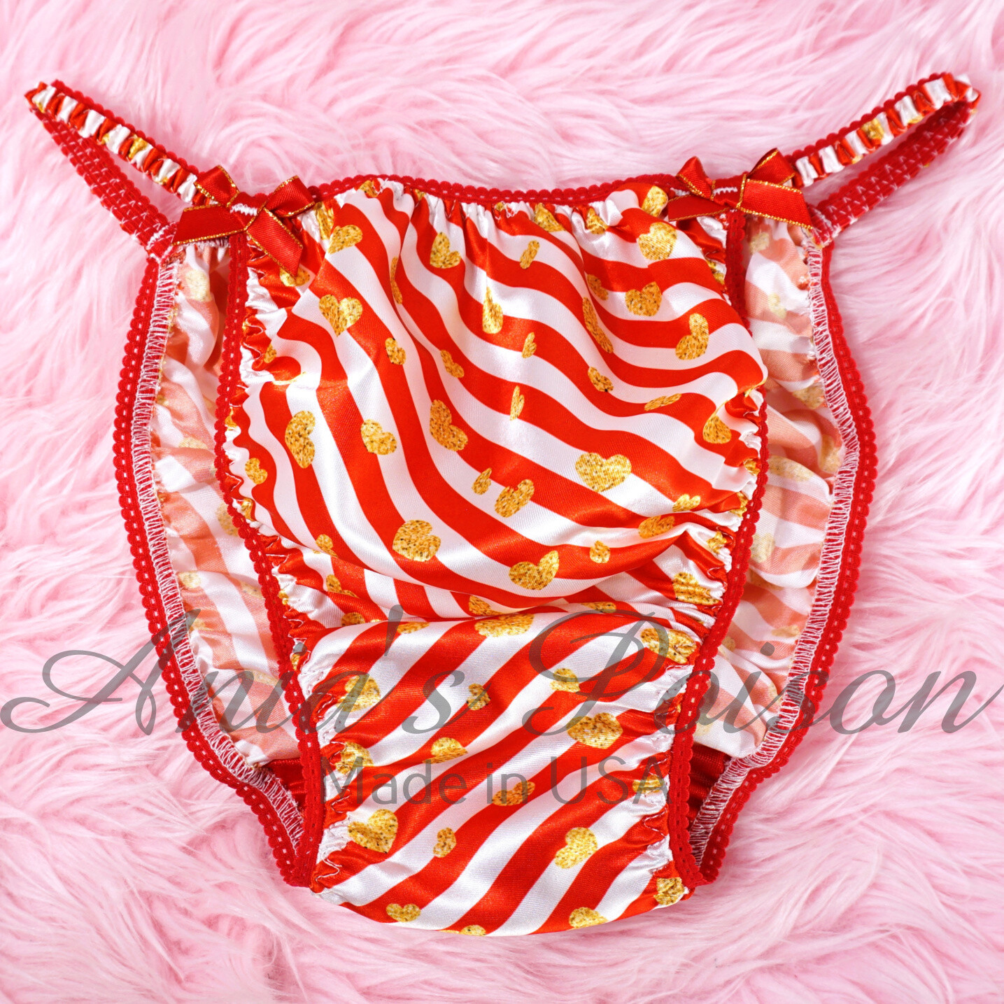 Valentine's Day Red Hearts and stripes Ania's Poison Cut sissy MENS SATIN Beautiful Shiny Silky wet look Mens holiday string Bikini panties LIMITED EDITION