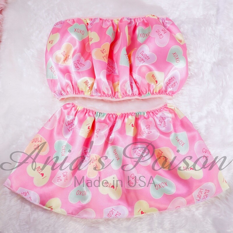 Valentines Day Conversation Heart Print Ania's Poison Sissy men's SATIN wetlook matching 100% polyester silky soft Bandeau Bra and/or mini Skirt OS