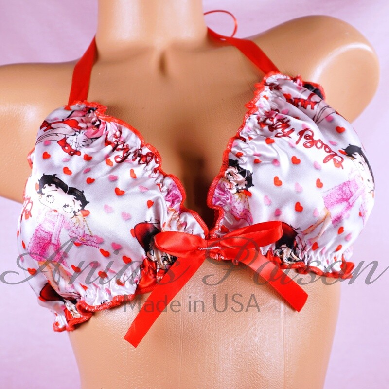 Valentines Day Ruffled super shiny SATIN lined Red Betty Boop Hearts tie up halter triangle Unisex OS bra