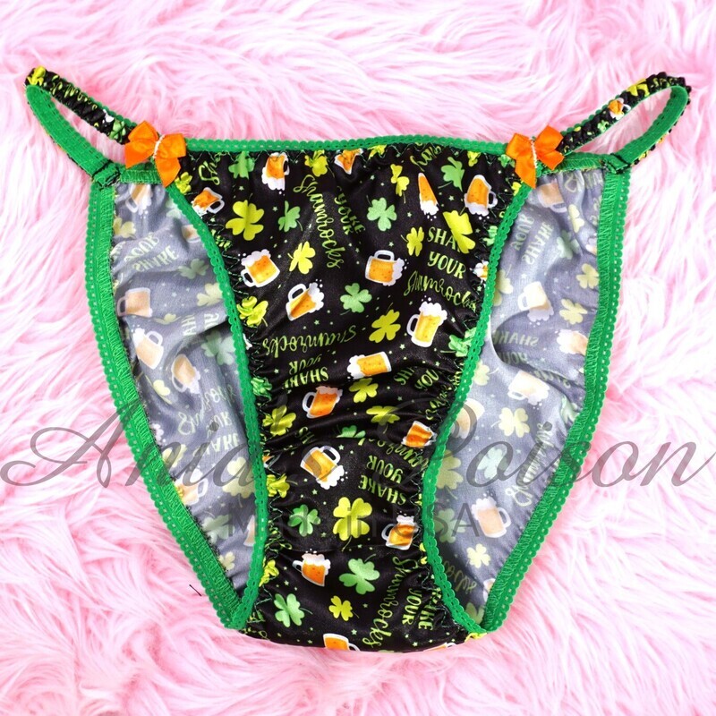Lace Duchess Classic 80's cut St Patrick's Beer SHamrock Print Spring satin panties - String bikini 5 - 9!