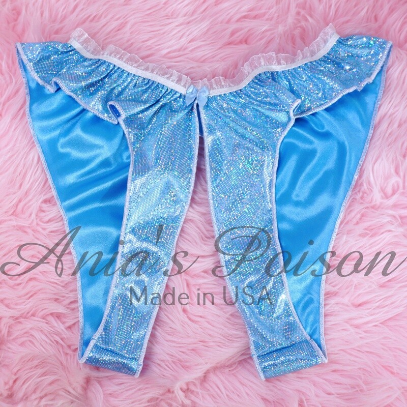 Anias Poison Unisex open crotch Crotchless butterfly shiny Blue Sparkle Metallic foil panties lingerie OS