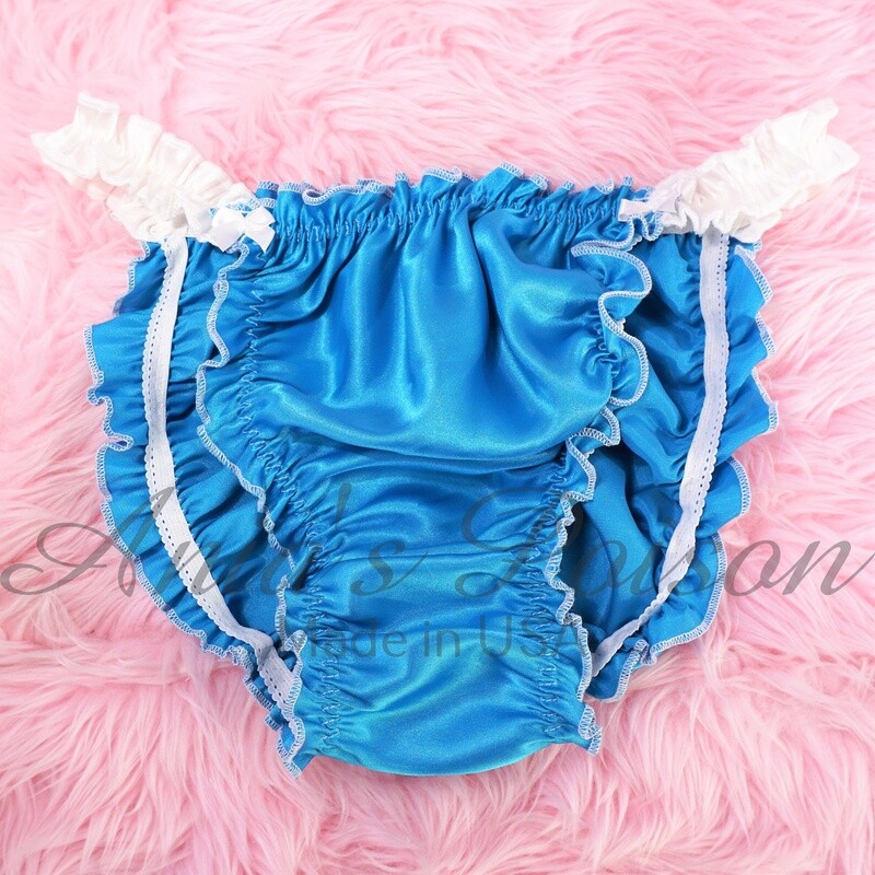 Blue White Ruffle SISSY PANTIES! Ruffled Frilly girly string bikini Satin mens panties Pink L and XL ONLY