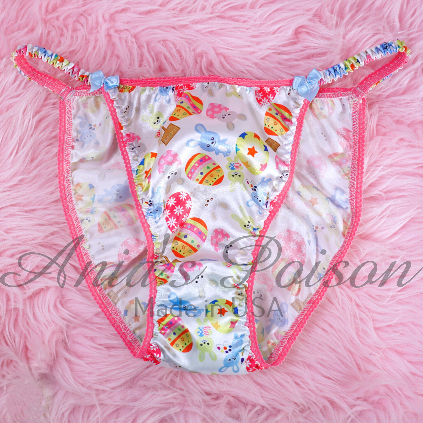 Lace Duchess Classic 80's cut EASTER Pink and blue Eggs Bunny Print Spring satin panties - String bikini 7 Only