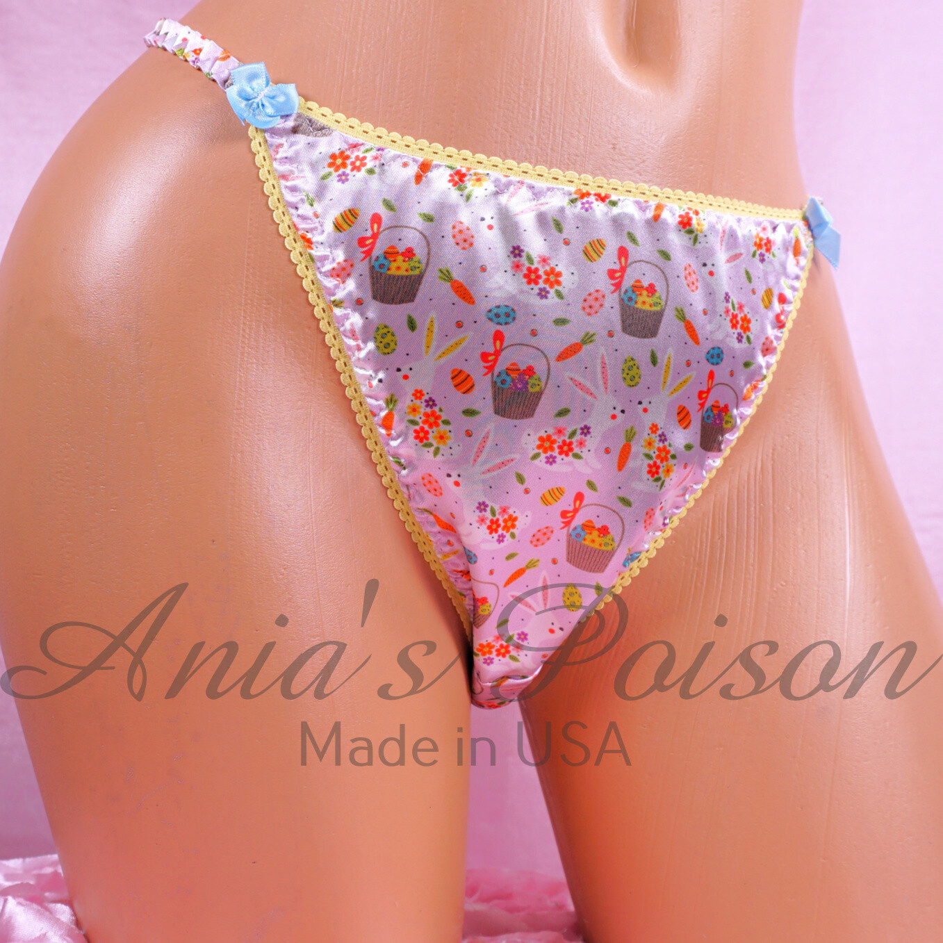 Lace Duchess Classic 80's cut EASTER Pink and blue Eggs Bunny Print Spring satin panties - String bikini 6 7 8