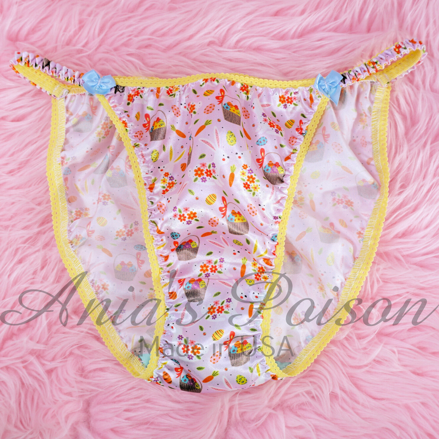 Lace Duchess Classic 80's cut EASTER Pink and blue Eggs Bunny Print Spring satin panties - String bikini 6 7 8