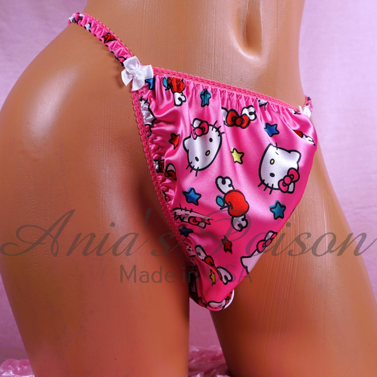 Candy Pink Cat Print Ania's Poison Cut sissy MENS SATIN Beautiful Shiny Silky wet look Mens holiday string Bikini panties