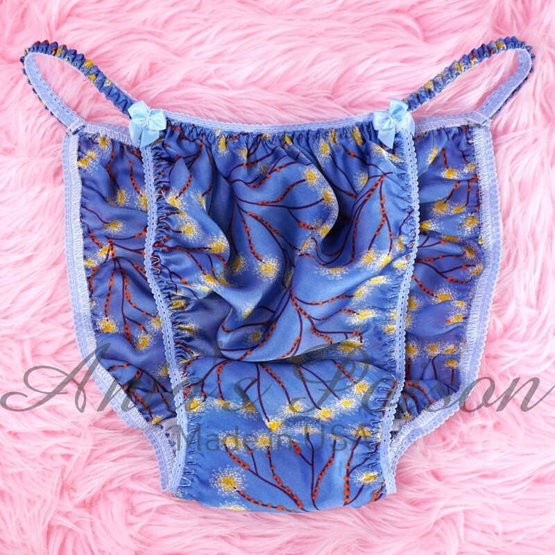 Ania's Poison Elegant Asian Print Blue Floral Slippery 100% polyester SATIN string bikini sissy mens underwear panties
