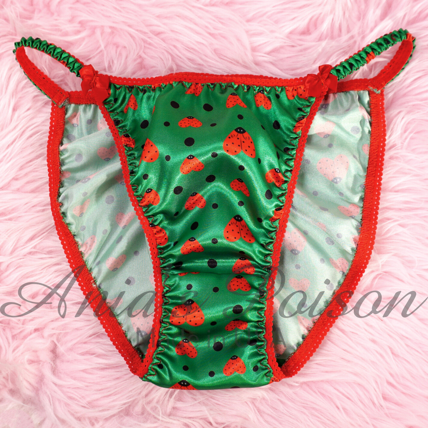 Satin panties LADIES CUT - Lace Duchess Classic 80's cut Green Lady Bug 90s style Spring Edition String Bikini panties 6-8