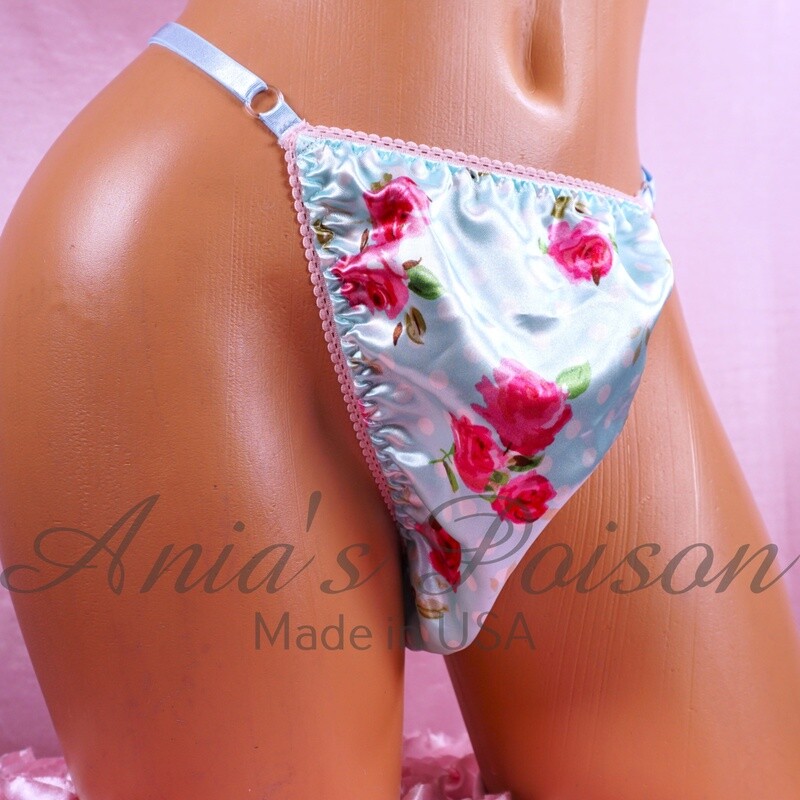 Ania's Poison Stiff Blue Easter Floral SATIN sissy men's shiny Triangle T thong panties ADJUSTABLE sides underwear panties