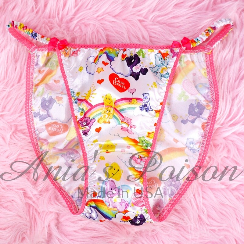 Lace Duchess Classic 80's cut Caring Bears Print Spring satin panties - String bikini 6 7 8