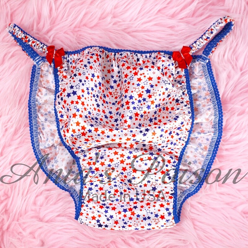 Ania's Poison July 4th Panties 100% polyester Red White and Blue Stars string bikini sissy mens underwear Patriotic USA print panties