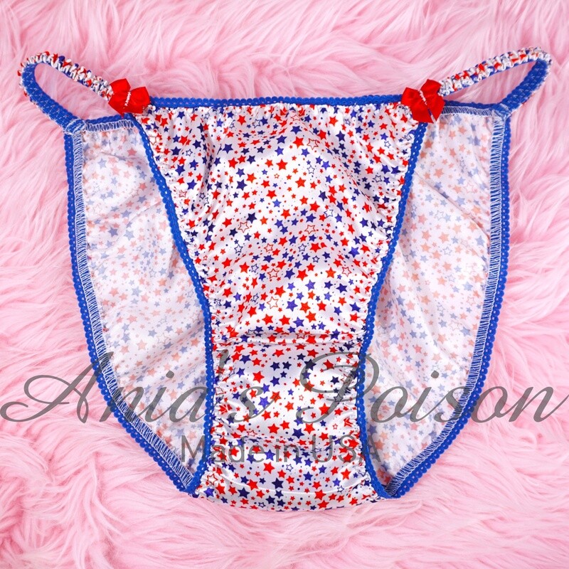 Lace Duchess Classic 80's cut July 4th panties Red White & Blue Stars print Satin wet look Vintage Style string bikini sz 6 7 8!