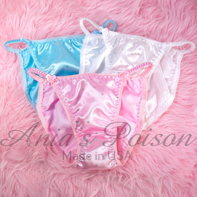 Lace Duchess Classic 80's cut July 4th panties pink White & Blue Stars print Satin wet look Vintage Style string bikini sz 5-9