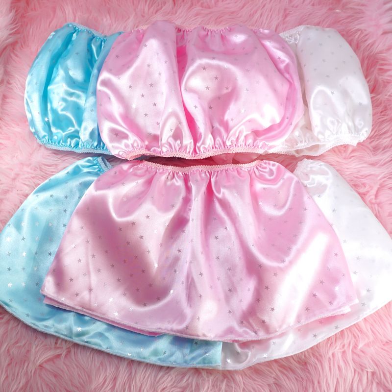 Pink White Blue Print Ania's Poison Sissy men's SATIN wetlook matching 100% polyester silky soft Bandeau Bra and/or mini Skirt OS