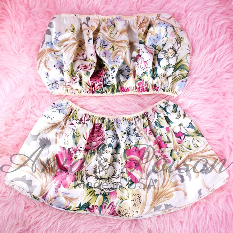 Floral Spring Print Ania's Poison Sissy men's SATIN wetlook matching 100% polyester silky soft Bandeau Bra and/or mini Skirt OS