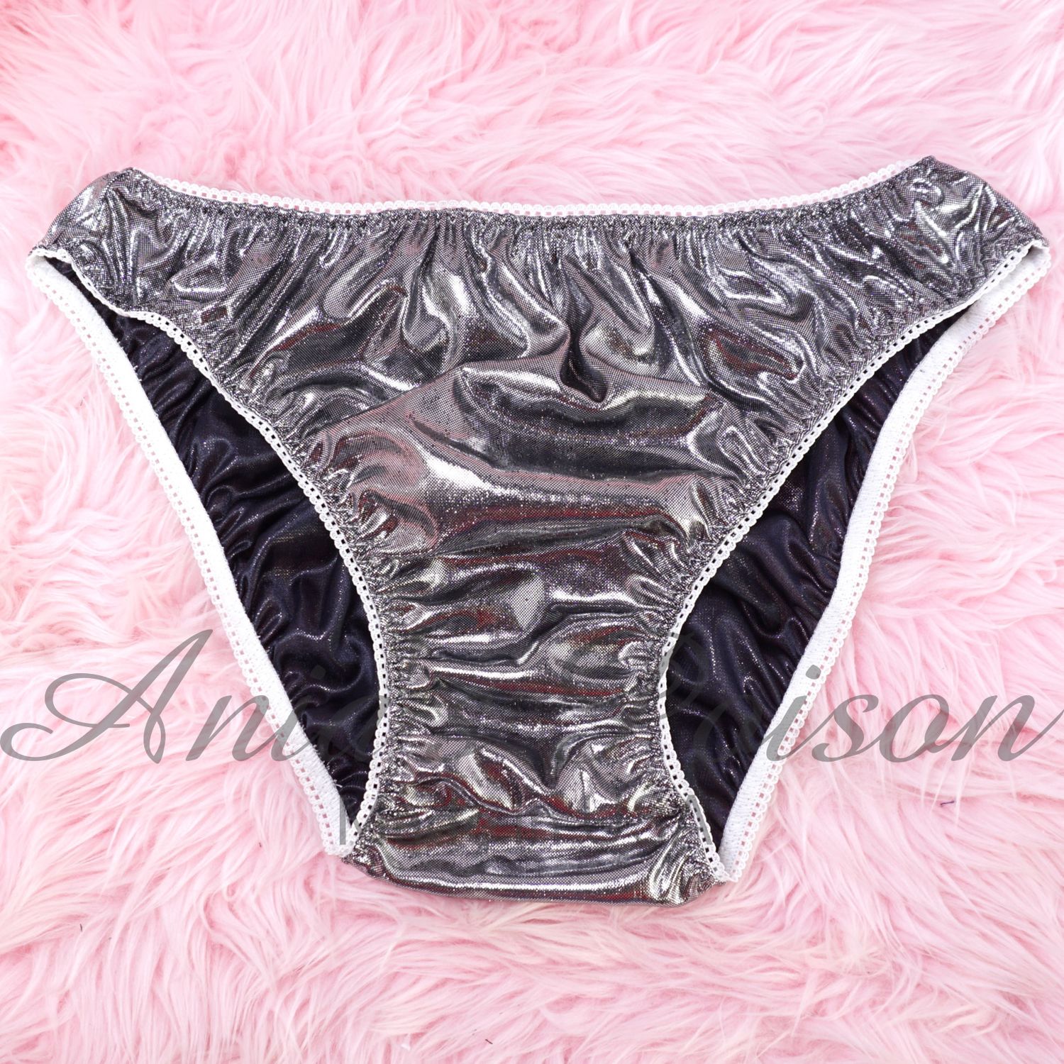 Anias Poison Full bikini cut Silver Navy Metallic Foil front lined SISSY panties for men MANTIES sz M/L Deadstock LAST CHANCE