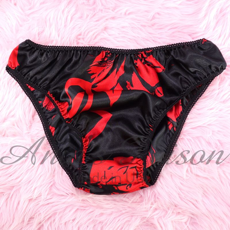 Anias Poison Full bikini cut Black Satin lined front Red Roses SISSY panties for men MANTIES sz M - XXL Deadstock LAST CHANCE