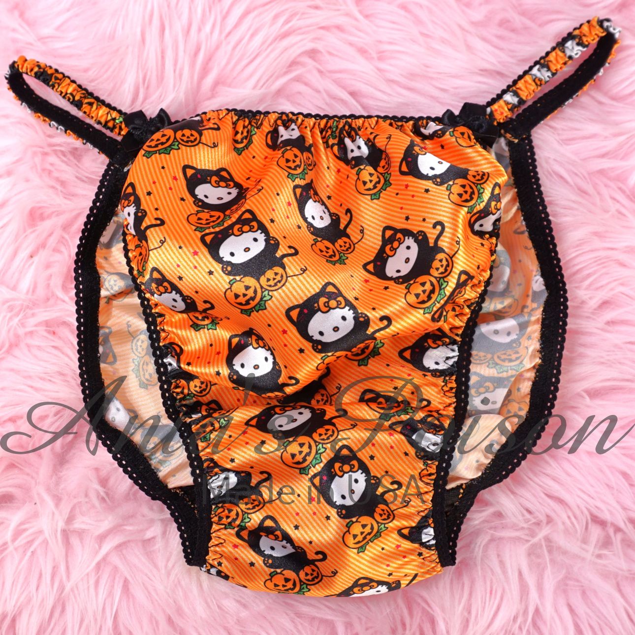 Satin Panties for Men Halloween Print Kitty Cat Kitten 100% polyester SATIN string bikini panties Ania's poison Cut