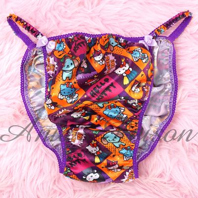 Satin Panties for Men Halloween Print purple Kitty Cat Kitten 100% polyester SATIN string bikini panties Ania's poison Cut