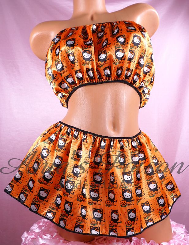 Kitty Cat Halloween Print Ania's Poison Sissy men's SATIN wetlook matching 100% polyester silky soft Bandeau Bra and/or mini Skirt OS