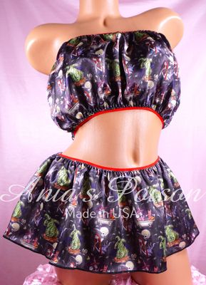 Jack Sally Nightmare Print Ania's Poison Sissy men's SATIN wetlook matching 100% polyester silky soft Bandeau Bra and/or mini Skirt OS