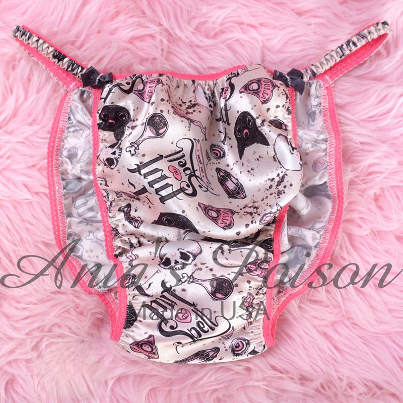 Satin Panties for Men Halloween I put a spell on you kitty PINK Trim 100% polyester SATIN string bikini panties Ania's poison Cut